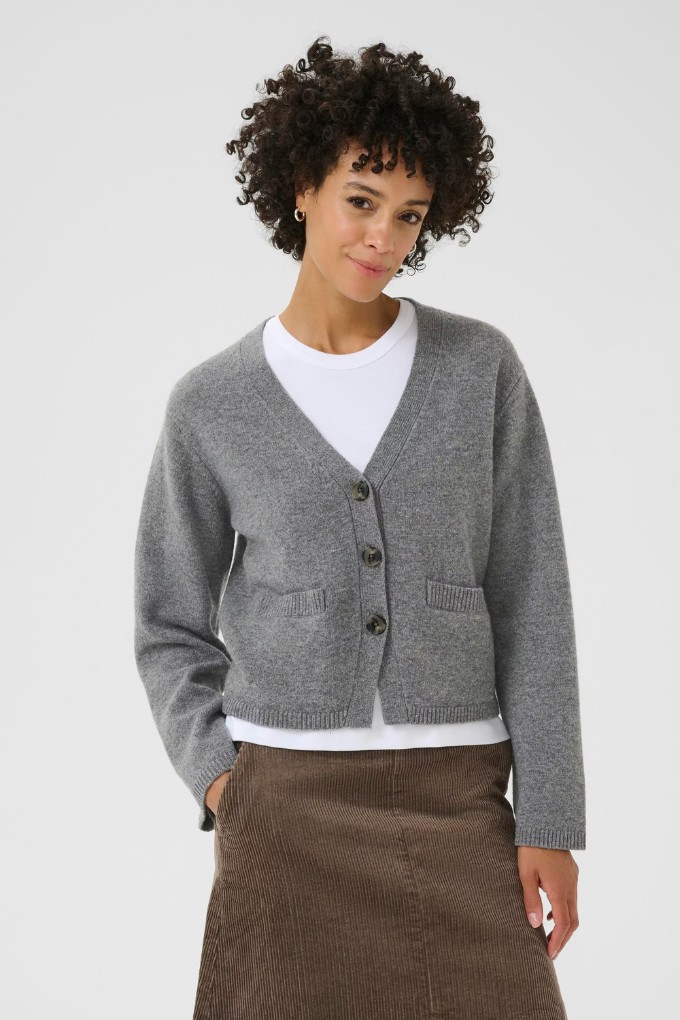 Cardigan en tricot 100% laine gris Part Two pour femme porté vue de face
