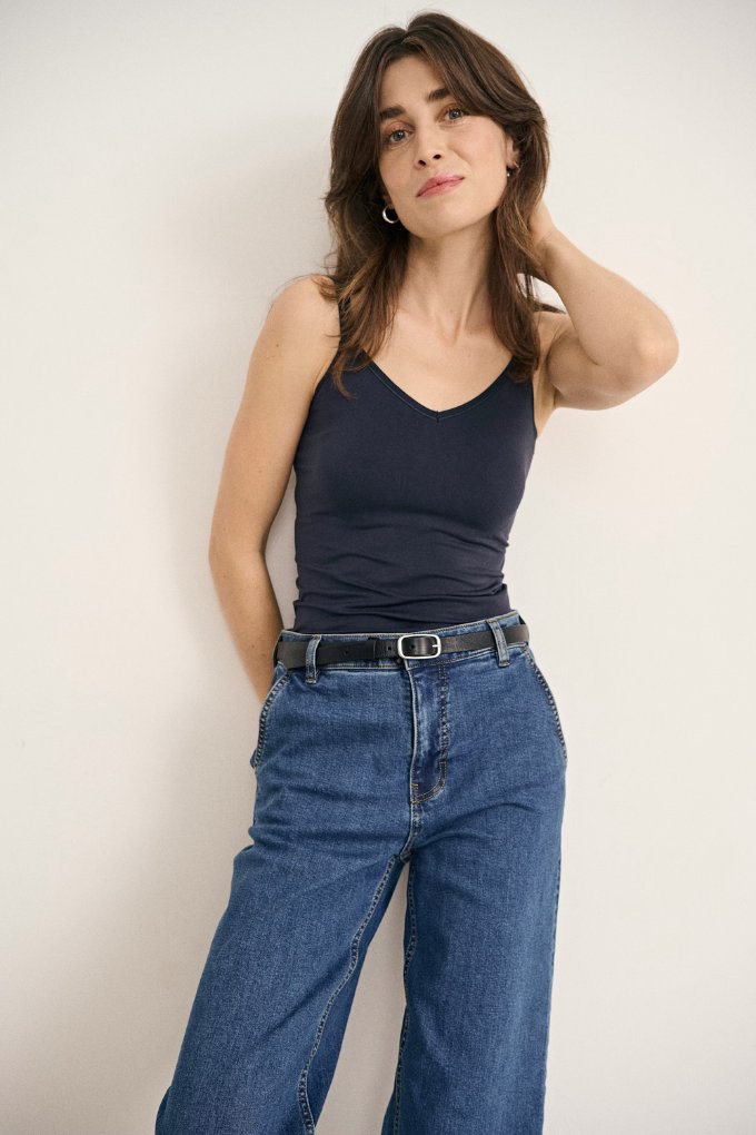 Débardeur classique à fines bretelles bleu marine Part Two pour femme porté vue de face look complet