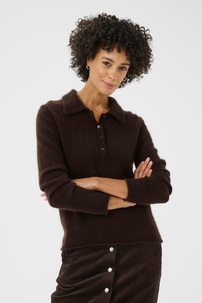 Pull polo en mohair et laine chocolat Part Two pour femme porté vue de face