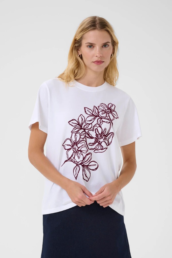 T-shirt à motif floral 100% coton bio blanc et bordeaux Part Two pour femme porté vue de face