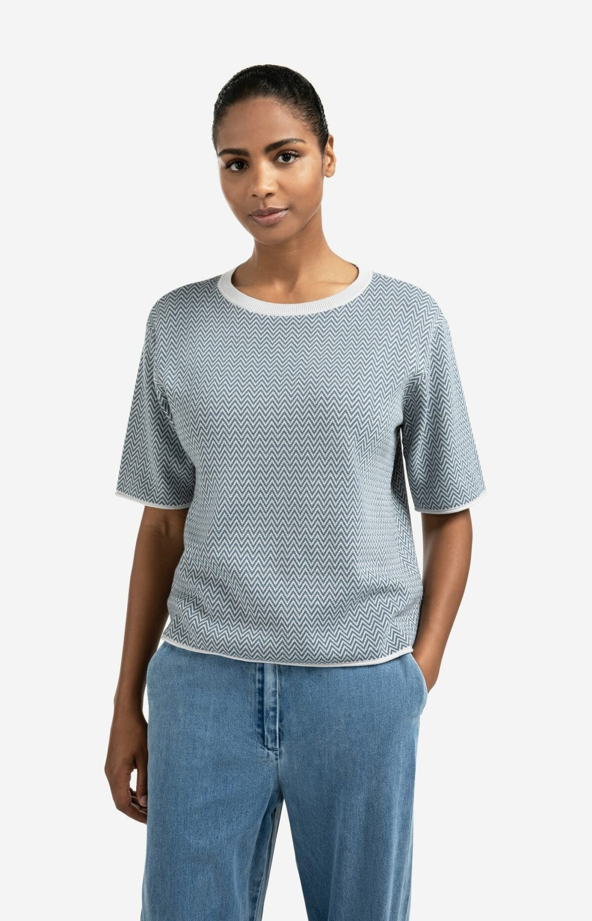 Top jacquard à motif zigzag et manches courtes