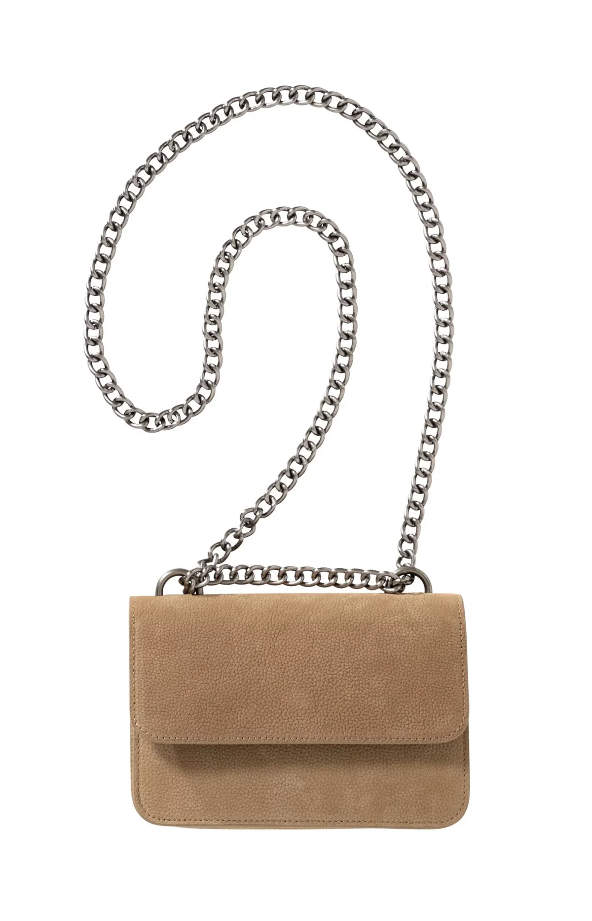 Petit sac bandoulière en cuir retourné beige avec chaine argentée YAYA pour femme vue de face aplanie