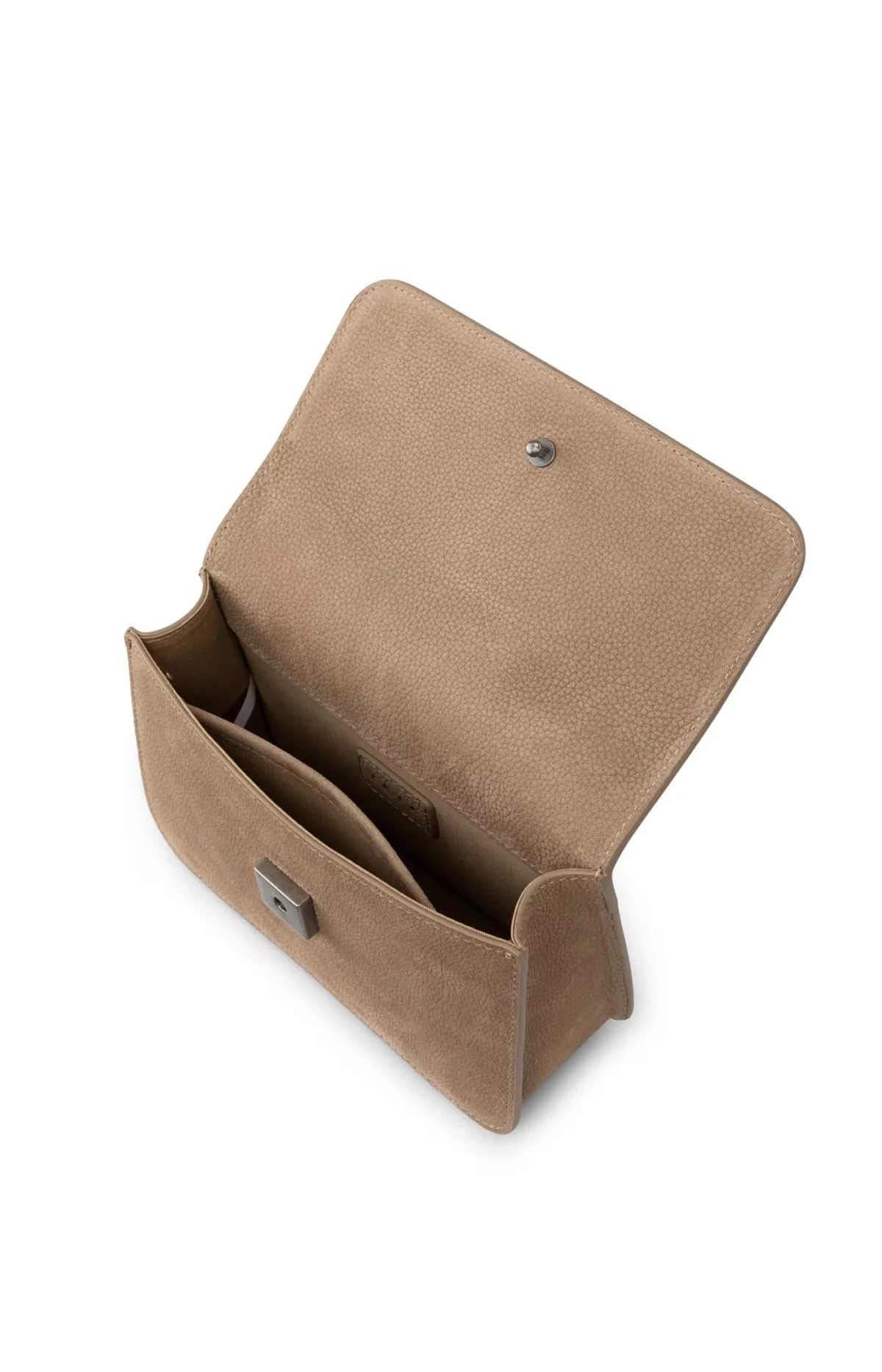 Petit sac bandoulière en cuir retourné beige avec chaine argentée YAYA pour femme vue de dessus sac ouvert