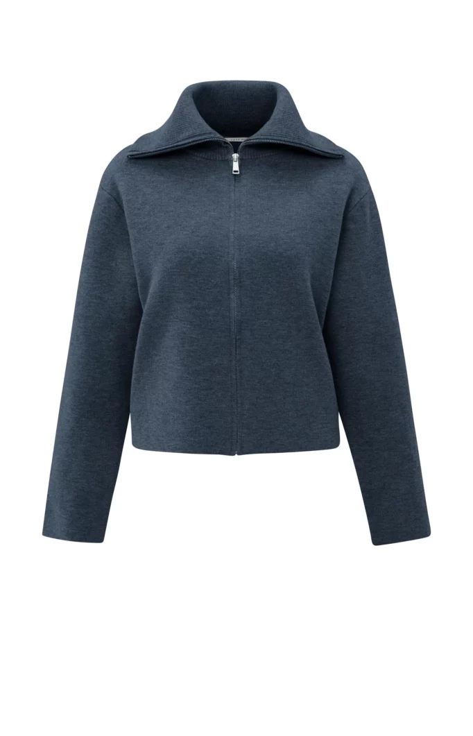 Cardigan zippé col camionneur bleu foncé YAYA pour femme vue de face